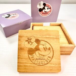 2 Sets of Walt Disney World Passholder Coasters, Wooden Minnie Mouse Coaster